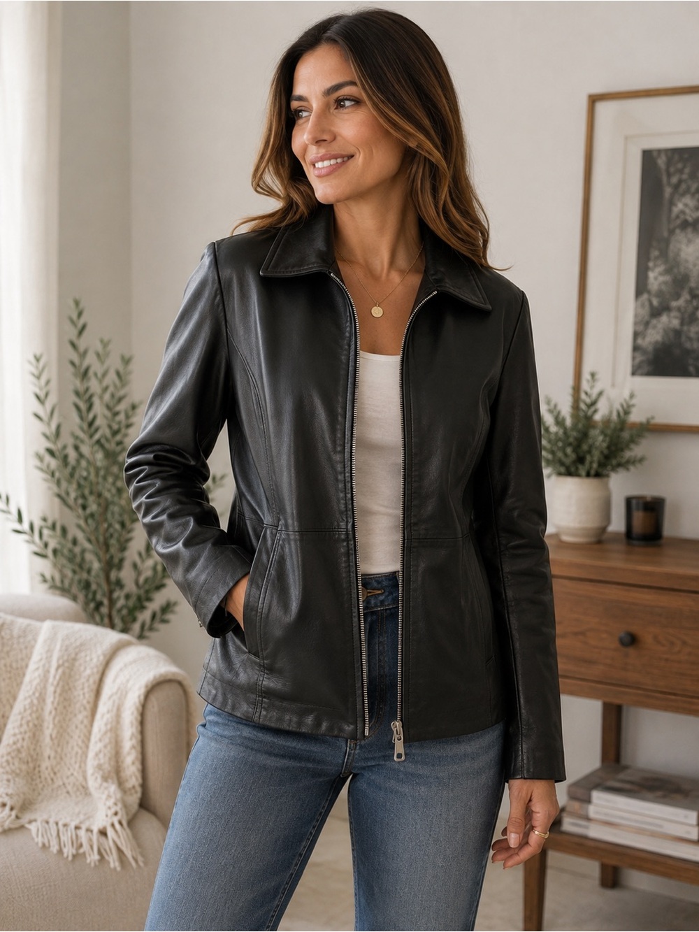 Vintage Charles Klein Women’s Large Black Leather Zip Front Jacket 100% Leather